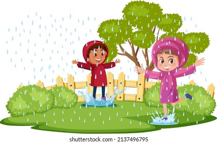 A children wearing the raincoat playing in the rain illustration