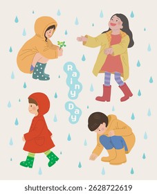 Children wearing raincoats on a rainy day clip art set vector illustration