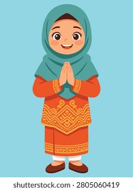 Children wearing religious attire are making a greeting gesture with their hands.