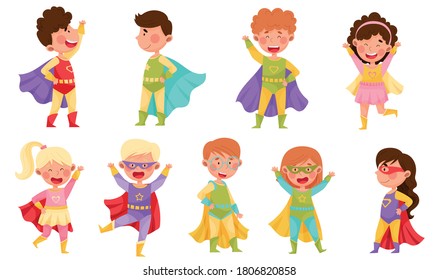 Children Wearing Superhero Costume Pretending to Have Super Power Vector Set