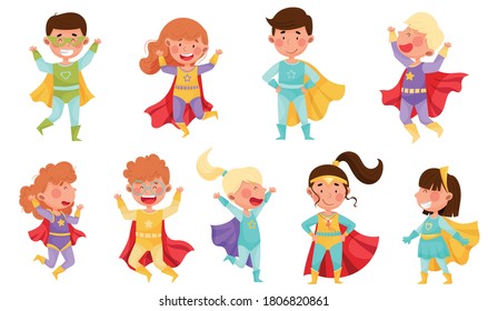 Children Wearing Superhero Costume Pretending to Have Super Power Vector Set