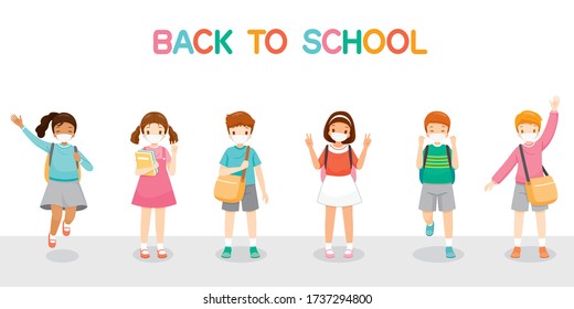 Children Wearing Surgical Mask Happy Back To School, Jumping, Cheerfully Together, Educational, Instruction, Sanitary, Healthcare, Safety