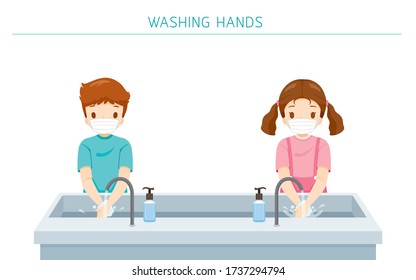 Children Wearing Surgical Mask, Washing Hands At School For Protection From Covid-19, Coronavirus Disease, Social Distancing Concept, Educational, Instruction, Sanitary, Healthcare, Safety