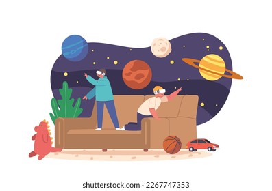 Children Wearing Vr Headsets Explore Space In Home Setting. Kids Immersed In Educational Experience. Concept of Potential Of Technology In Learning And Education. Cartoon People Vector Illustration