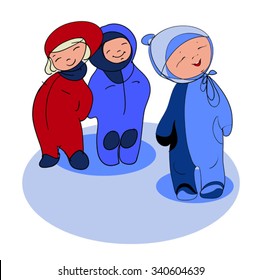 children wearing warm clothes for a walk 
in the winter