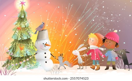 Children wearing winter clothes and animals watching decorated Christmas tree. Happy winter holidays card. Kids and forest animals near Christmas tree. Vector greeting card design illustration