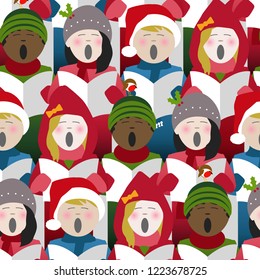 children wearing winter clothes singing Christmas carols from a song sheet. Seamless repeat background