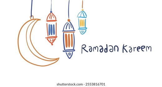 Children welcoming Ramadan with a cheerful atmosphere, lanterns, crescent moon, stars, and vibrant vector style illustration.