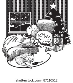 The children were asleep, waiting for Santa on Christmas night