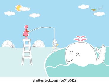 Children and whale on north pole backgrounds ,Design for kid card