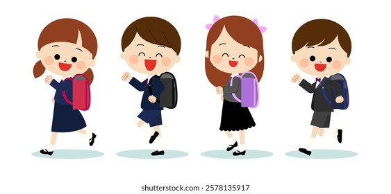 Children who are happy to enter elementary school with school bags on their backs