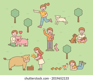 Children who love animals. vegetarian life. Children happily running outdoors with animals. flat design style minimal vector illustration.