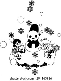 Children who made a snowman, and enjoy a snowball fight.