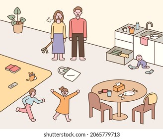 The children who make the house a mess and the parents sighing at the sight. flat design style vector illustration.