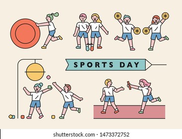 children who play various games on sports day. flat design style minimal vector illustration.