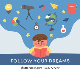 Children Who Read Books And Dream About The Future. Flat Design Style Vector Graphic Illustration Set