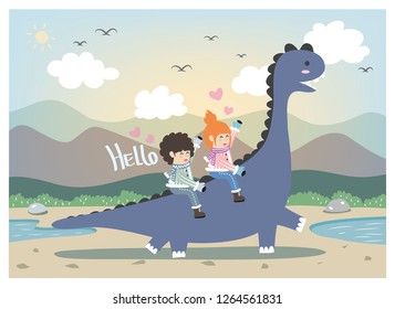 children who are riding dinosaurs on a beautiful background.