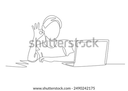 Children who study online. Pre school concept one-line drawing