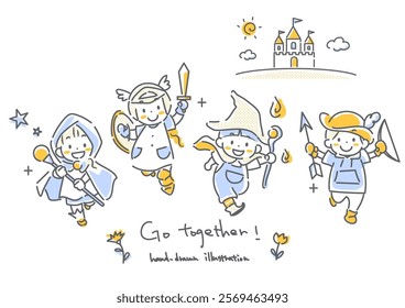 Children who use their individuality to achieve goals with their friends - Simple and cute line drawing illustration