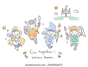 Children who use their individuality to achieve goals with their friends - Simple and cute line drawing illustration