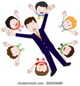 Children whom toss shoulder-high into the air their father