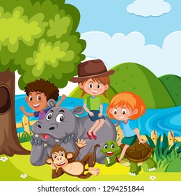 Children with wild animals illustration