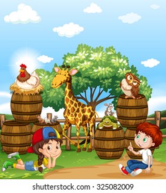 Children and wild animals illustration