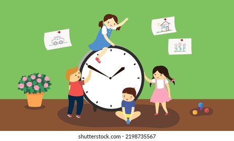 children wind up a big clock