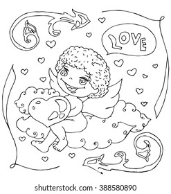 the children with wings like angel with decorative frame hand drawn outline for coloring isolated on the white background