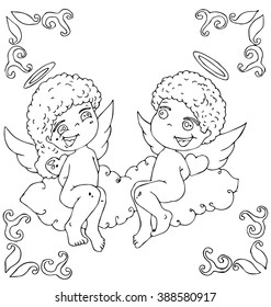 the children with wings like angel with decorative frame hand drawn outline for coloring isolated on the white background