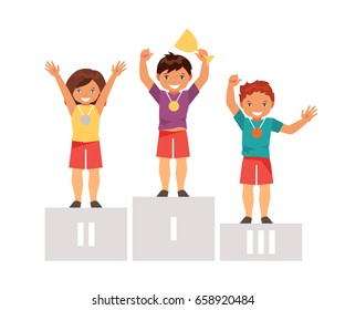 Children winners stand on the podium with the prize cup and medals. Children individual sport. A healthy way of life. Vector illustration