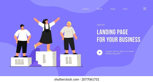 Children winning prizes and standing on podium. Flat vector illustration. Girls taking first and second places, and boy took third place in competition. Sport, victory, concurrence, rewarding concept