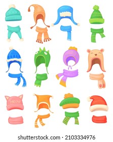 Children winter beanie. Knit hat and scarf, bobble hats with ears, warm cap, cute knitted babies headgear, cold christmas fun baby caps, outfit for snow, neat vector illustration. Warm hats for winter