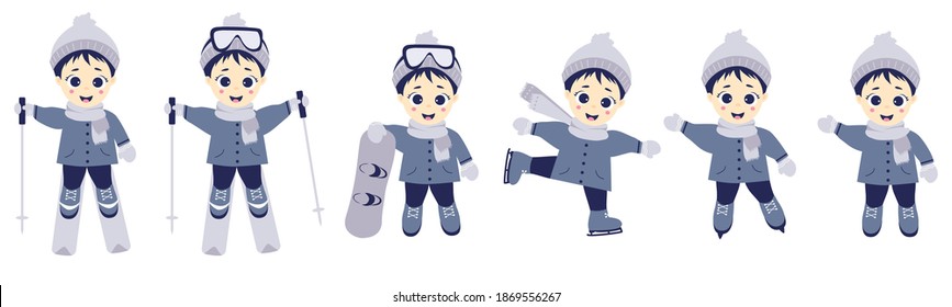 Children winter. Boy athlete skiing, skating and snowboarding in different poses. Set of winter sports and child. Vector illustration. Childrens collection for postcards, design and print