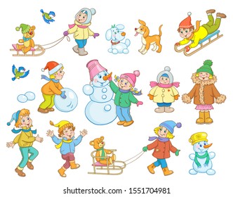Children in winter. Boys and girls play, sculpt a snowman, sledding and walking. In a cartoon style. Isolated on white background. Vector illustration.