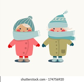 Children in Winter Cloth. Winter kids outfit childish illustration. Vector EPS8.