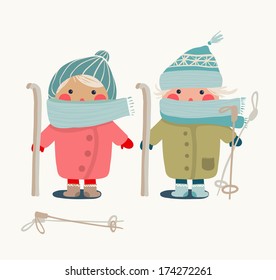 Children in Winter Cloth and Skies . Winter skiing outfit childish illustration. Vector EPS8.