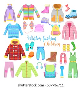 Children Winter Clothes and Accessories Collection with Jackets, Hats and Sweaters. Vector illustration