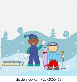 Children in winter clothes, boy with sled, boy with skis, winter landscape, snow, winter forest, winter sports, children in forest