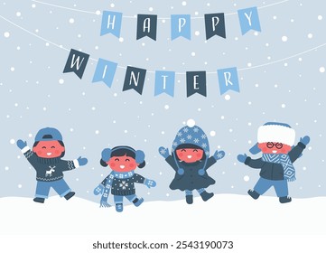 Children in Winter Clothes Dance. Group of Kids Have Fun Outside under Snowfall. Happy Baby Girls Happy Baby Boys. Happy Winter Holiday Flags. Vector Illustration in Blue, White