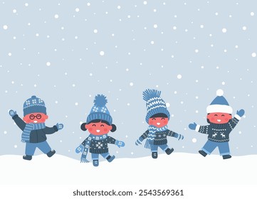 Children in Winter Clothes Dance. Group of Kids Have Fun Outside under Snowfall. Happy Baby Girls Happy Baby Boys. Greeting Card Template. Vector Illustration in Blue, White.