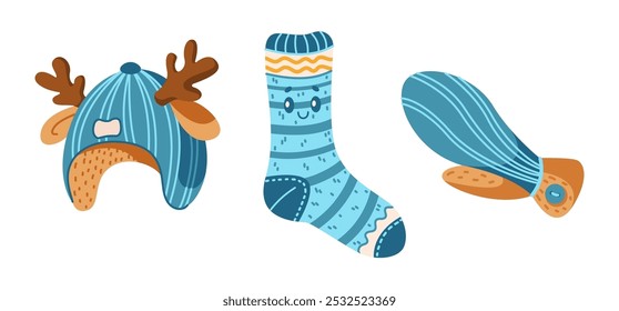 Children winter clothes details flat color vector objects set. Blue deer hat smiling sock and mitten illustrations pack on white background