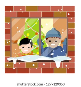 Children in winter clothes standing at the window with snow. Boys waiting for Christmas and new year. Decorated Christmas tree with lights. Brick house. Cartoon flat illustration
