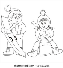 children in winter, coloring book, vector illustration