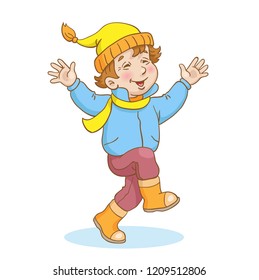 Children in the winter. Cute little boy runs in winter clothes. In cartoon style. Isolated on a white background. Vector illustration.