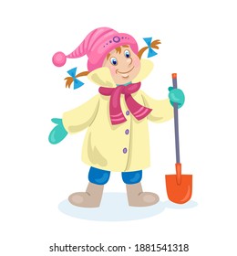 Children in winter. Cute little girl in a warm fur coat and with a toy shovel. In cartoon style. Isolated on white background. Vector  illustration