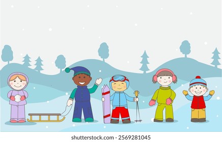 Children in winter, in the forest in winter, children in winter clothes, child with skis, child with sled, child in hat, child in ski suit, happy baby, children in snow, 