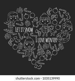 Children and winter games - ski, sledge, ice skating Christmas celebration. Kindergarten kids play and having fun. Santa claus, snowman, deer, penguin. Kids drawing vector doodle illustration.