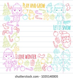 Children and winter games - ski, sledge, ice skating Christmas celebration. Kindergarten kids play and having fun. Santa claus, snowman, deer, penguin. Kids drawing vector doodle illustration.