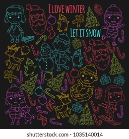 Children and winter games - ski, sledge, ice skating Christmas celebration. Kindergarten kids play and having fun. Santa claus, snowman, deer, penguin. Kids drawing vector doodle illustration.